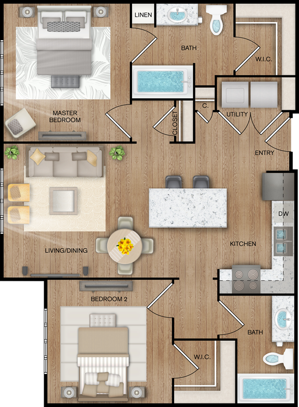 B1 - Two Bedroom / Two Bath - 946 Sq. Ft.*